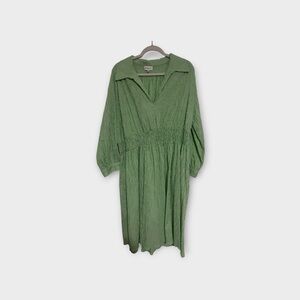Smocked-Waist Light Green Long Sleeve Midi Dress